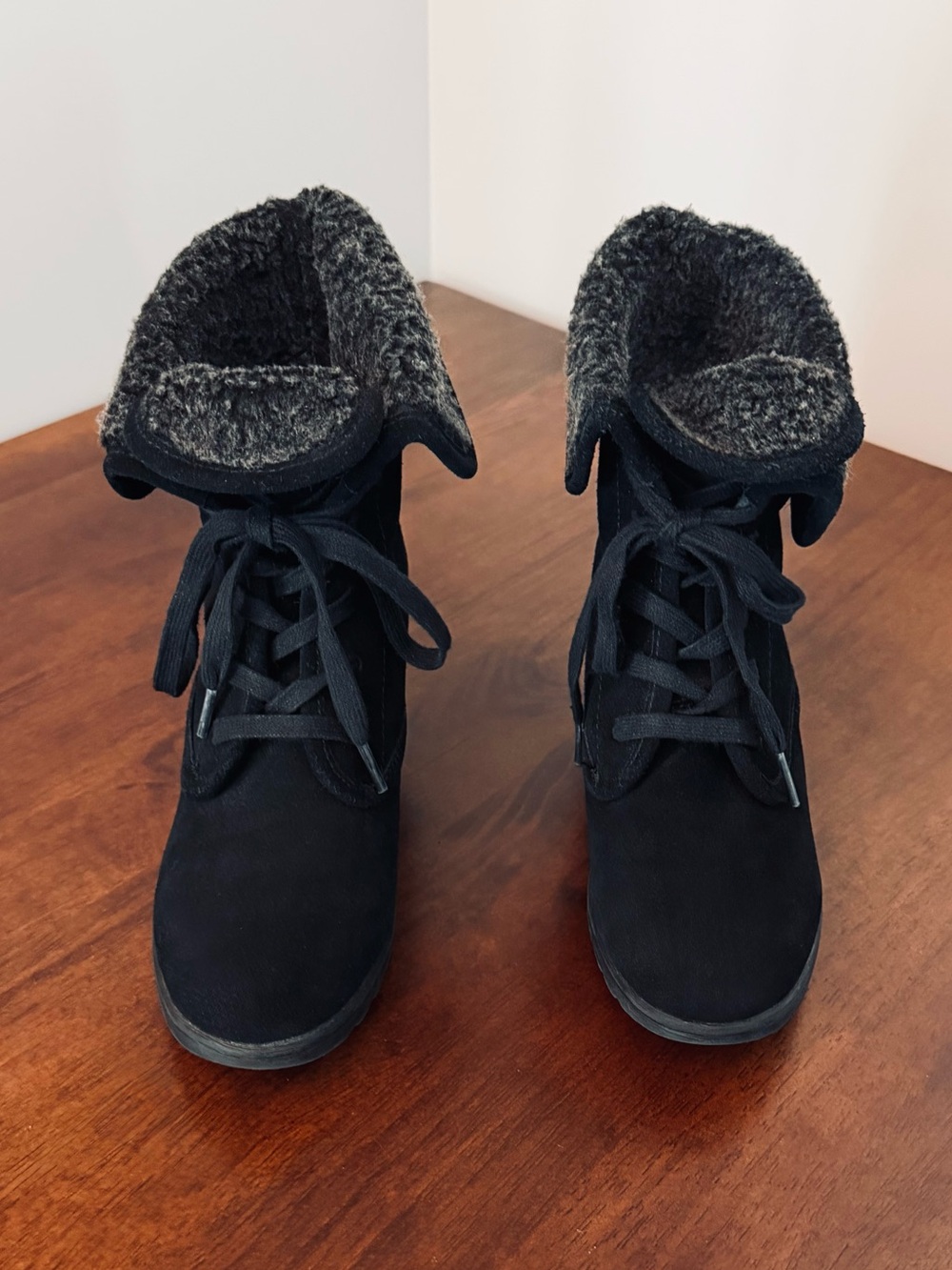 White Mountain Black Suede Lace-Up Faux Shearling Ankle Boots